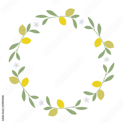 Wreath of leaves, lemon and lemon blossoms on white background