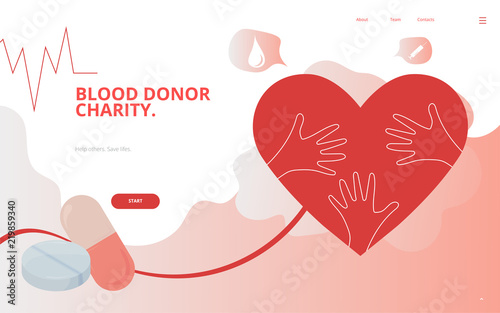 Blood Donation Charity concept vector illustration. Blood Donation Charity and relief site landing page wireframe.