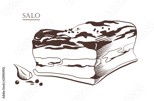 Piece of salo isolated on white background. Slanina, solonyna, lardo. Salted or cured pork fat. Black and white hand drawn vector illustration. Icon, emblem, logo element.