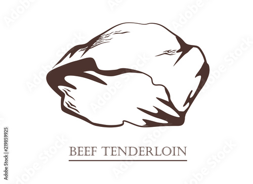 Beef tenderloin. Piece of meat. Black and white hand drawn vector illustration. Icon, emblem, logo element.