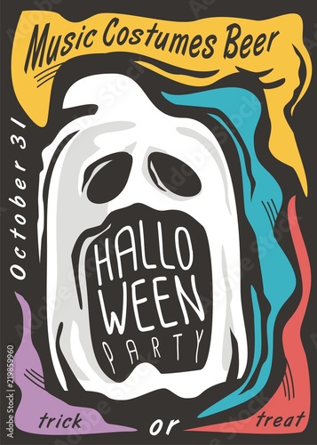 Creepy ghost Halloween party invitation design layout. Funny cartoon Halloween greeting card idea.