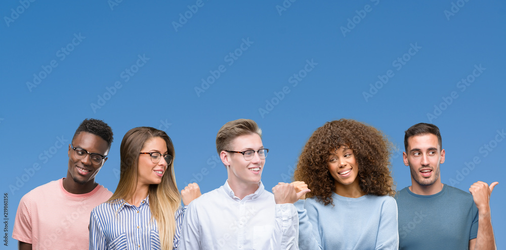 Composition of group of friends over blue blackground smiling with happy face looking and pointing to the side with thumb up. Composition of group of friends over blue blackground smiling with happy face looking and pointing to the side with thumb up.