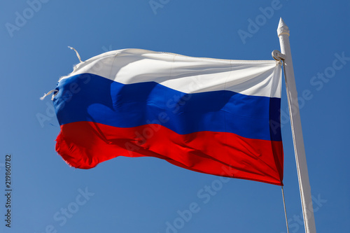 Flag of the Russian Federation developing in the wind, close-up