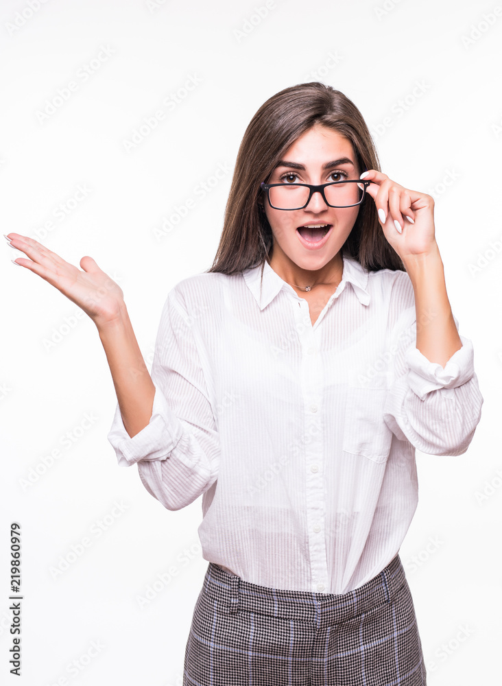 Close up picture of Surprised business woman in eyeglasses looking at the camera with open mouth over white background Close up picture of Surprised business woman in eyeglasses looking at the camera with open mouth over white background