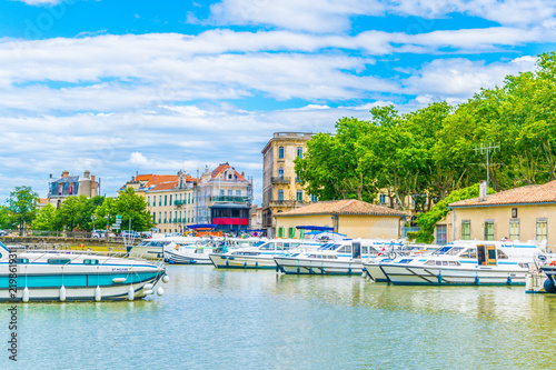 Tourist boat are mooring on Canal du midi in the center of Carcassonne, France