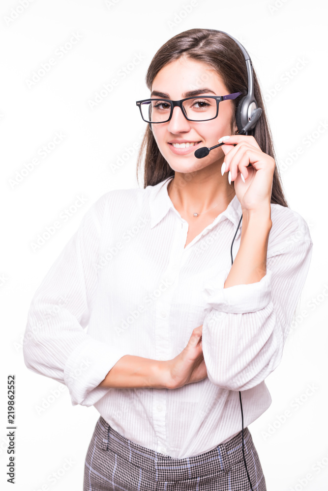 Young beauty woman with handset isolated on white background, Young woman call center operator isolated on white. Call center, support, assistance concept. Young beauty woman with handset isolated on white background, Young woman call center operator isolated on white. Call center, support, assistance concept.