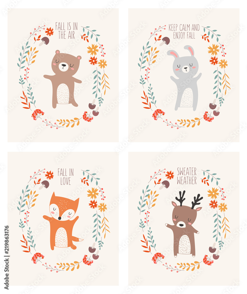 Vector collection of posters with animals surrounded by a plant wreath with autumn slogan