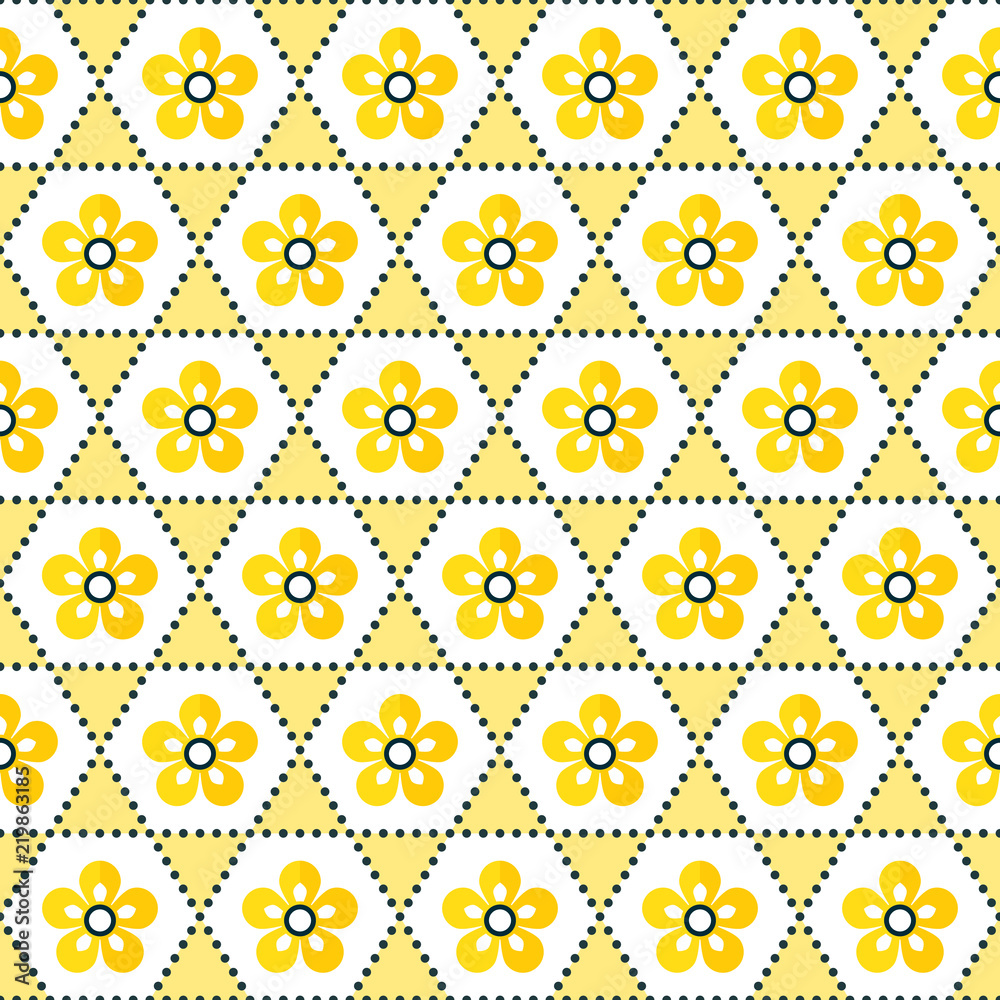Cute seamless geometric Japanese style floral background pattern in yellow  and white. For Spring and Easter, greeting cards, gift wrapping paper,  textiles and wallpapers. Stock Vector