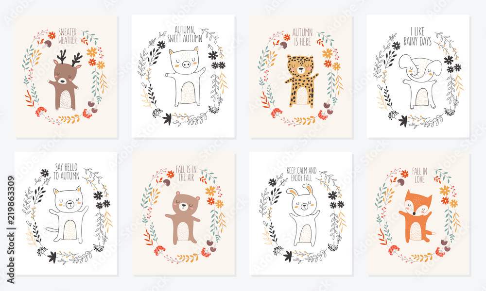 Vector collection of postcards with animals surrounded by a plant wreath with autumn slogan Vector collection of postcards with animals surrounded by a plant wreath with autumn slogan