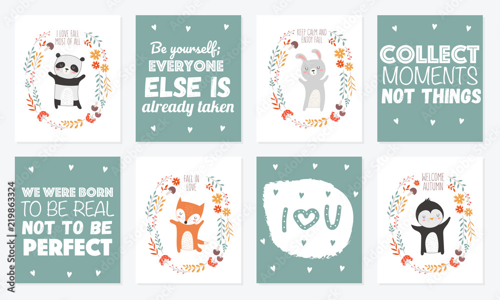 Vector collection of postcards with animals surrounded by a plant wreath with autumn slogan Vector collection of postcards with animals surrounded by a plant wreath with autumn slogan
