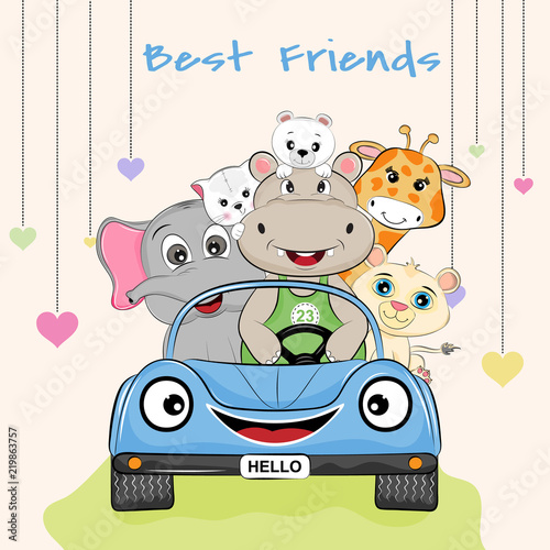 Lovely best friends hippo, giraffe, bear, cat, elephant and tiger ride in a racing car.