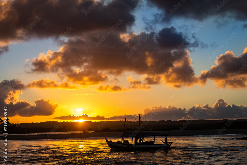 Small fisherman barge sailing on the river. Small fisherman barge sailing on the river.
