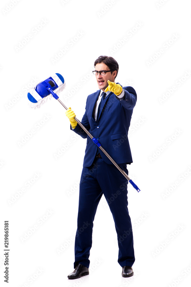 Handsome businessman with the mop isolated on white background Handsome businessman with the mop isolated on white background