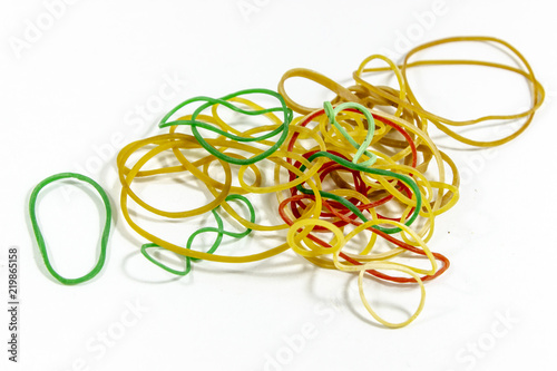 Perspective shot of colorful rubber bands with white background