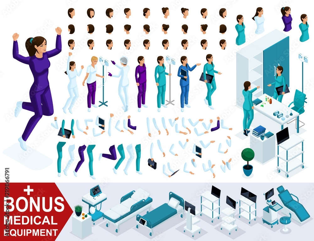 Obraz premium Isometrics create your nurse character, Set of hands, feet, gestures and emotions of characters with different poses. A large set of hairstyles, plus a bonus