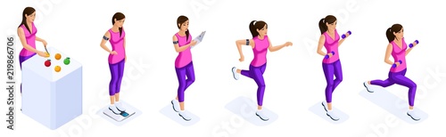 Isometrics of the girl are engaged in sports, sports figure, proper nutrition, fitness, healthy lifestyle. Set of 3d characters