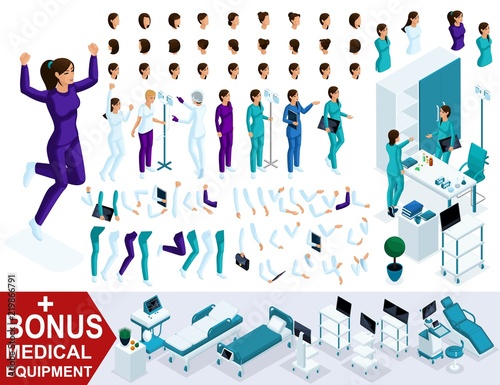 Isometrics create your nurse character, Set of hands, feet, gestures and emotions of characters with different poses. A large set of hairstyles, plus a bonus