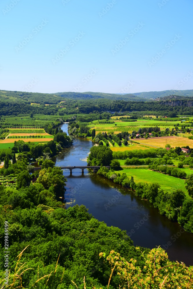 A view of the River Dordogne as taken from the hilltop town of Domme in Aqutaine, France