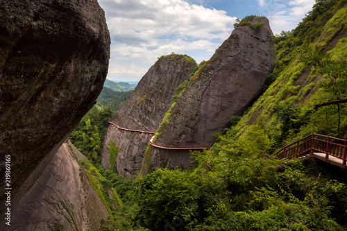 Camel Peak Scenic Area of Lang Mountain, Langshan - China National Geopark, Xinning County Hunan province. Unique Danxia Landform, UNESCO Natural World Heritage. Red Danxia, Viewing Platform photo