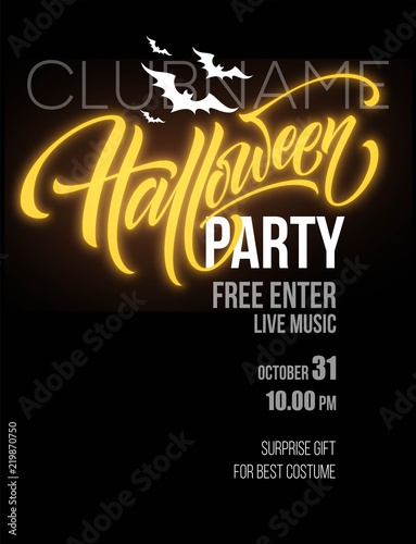 Halloween party poster with flying bats and yellow moon