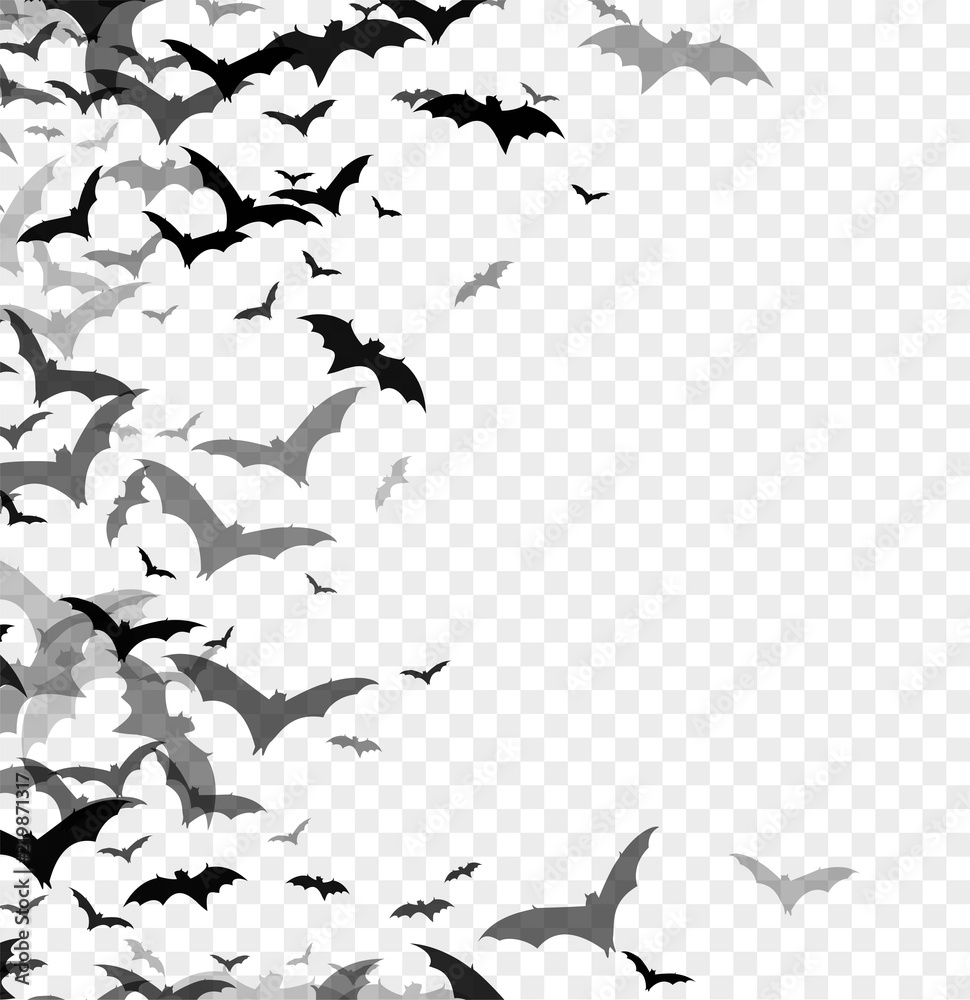 Fototapeta premium Black silhouette of bats isolated on transparent background. Halloween traditional design element. Vector illustration