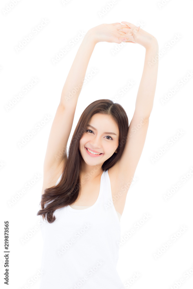 Beautiful portrait asian young woman smiling stretch hand with exercise and yoga isolated on white background, girl relax for health and wellness, lifestyle concept. Beautiful portrait asian young woman smiling stretch hand with exercise and yoga isolated on white background, girl relax for health and wellness, lifestyle concept.