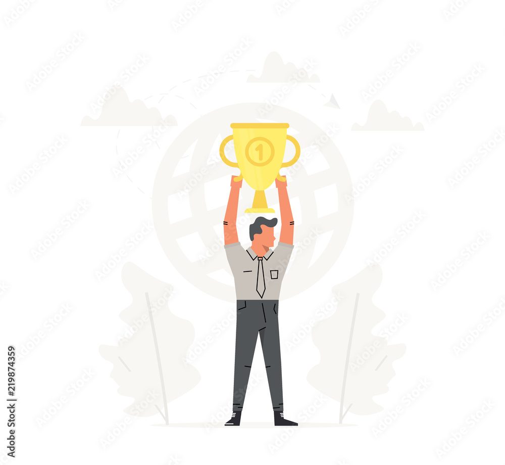 Obraz premium Businessman hold the large gold trophy over head. Vector startup business illustration. Success, champion, victory, money.