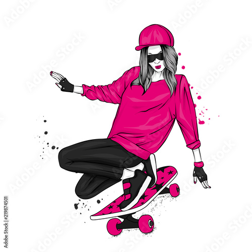Stylish skater in jeans and sneakers. Skateboard. Vector illustration for a postcard or a poster, print for clothes. Street cultures.