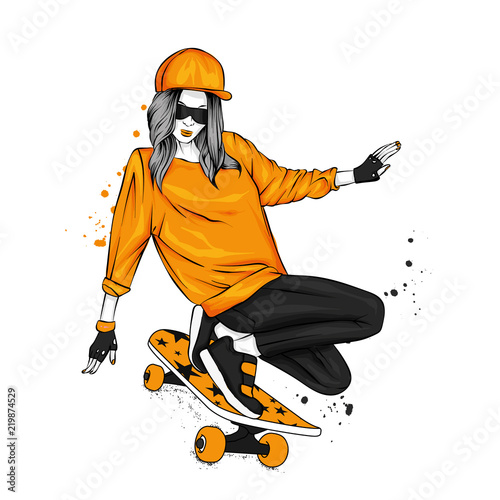 Stylish skater in jeans and sneakers. Skateboard. Vector illustration for a postcard or a poster, print for clothes. Street cultures.