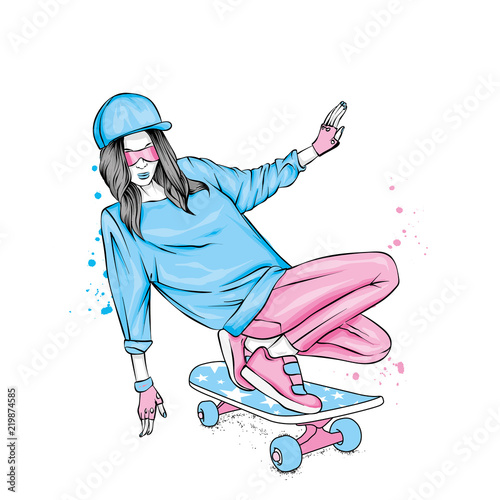Stylish skater in jeans and sneakers. Skateboard. Vector illustration for a postcard or a poster, print for clothes. Street cultures.
