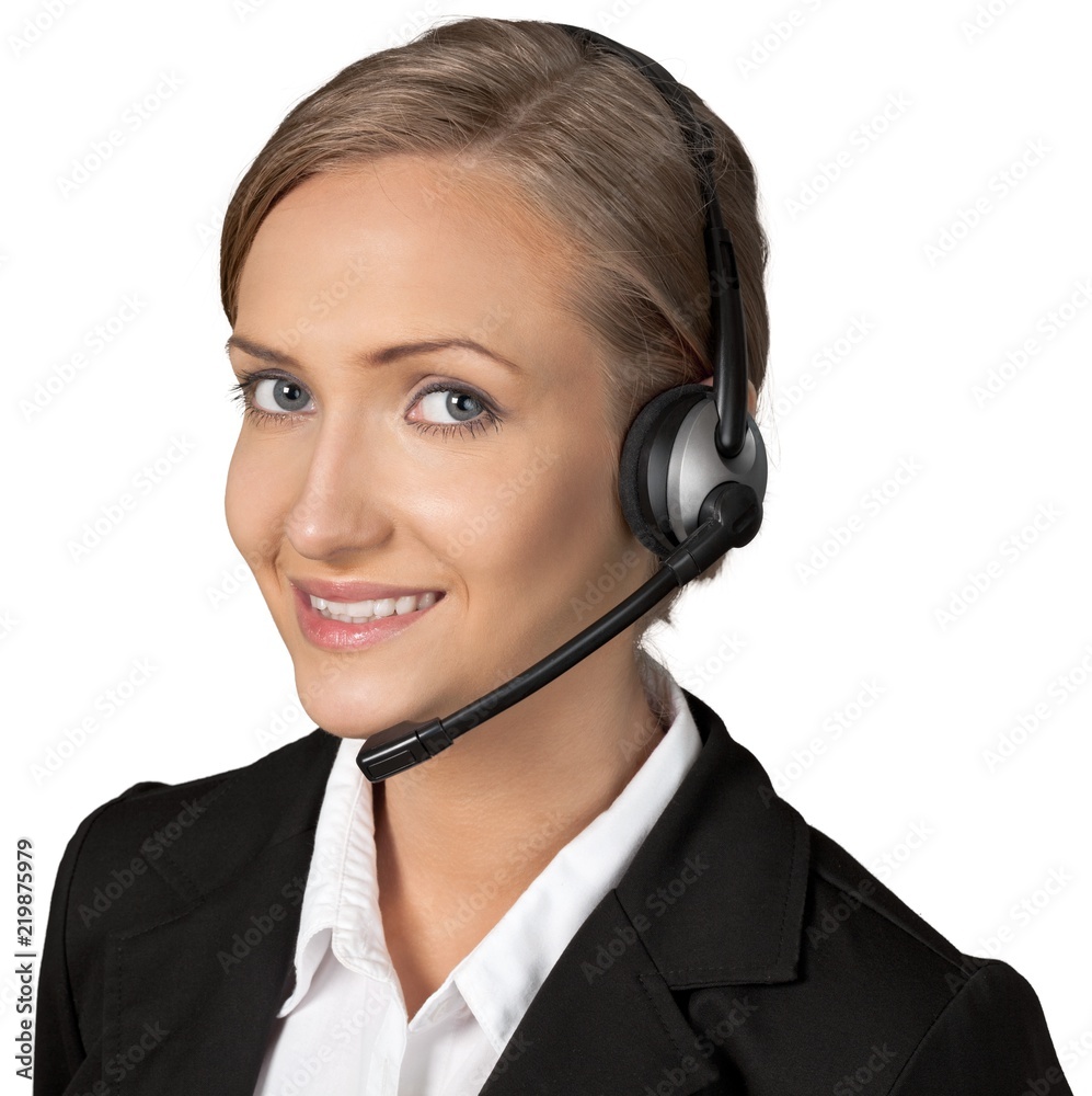 Close-up portrait of Young businesswoman in headset isolated on Close-up portrait of Young businesswoman in headset isolated on