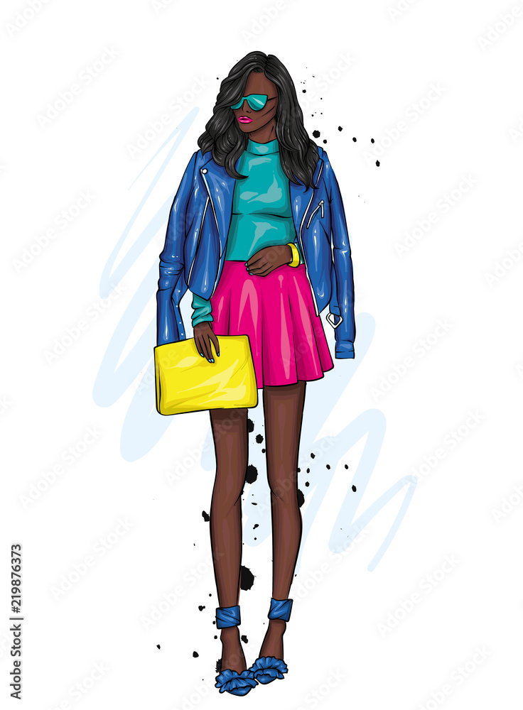 A beautiful girl with long hair in glasses, a jacket, a skirt and boots with heels. Vector illustration for a postcard or a poster, print for clothes. Fashion and Style. Fashionable look.