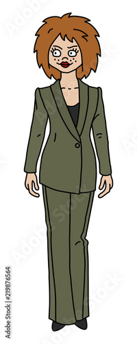 The funny redhead woman in a green throusers snit