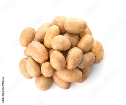 Fresh ripe organic potatoes on white background  top view