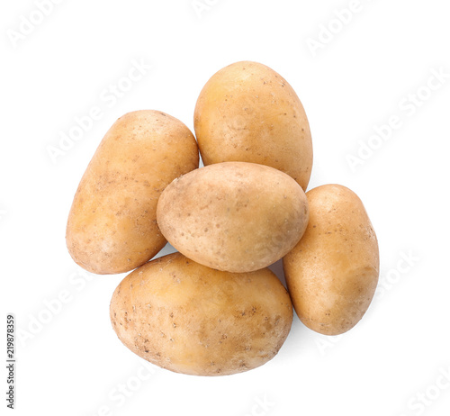 Fresh ripe organic potatoes on white background  top view