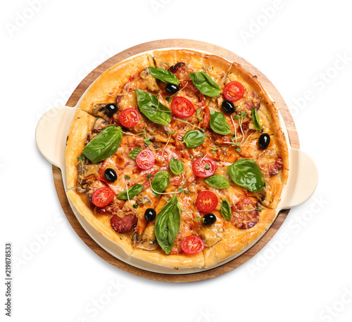 Tasty fresh homemade pizza on white background, top view