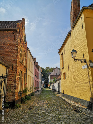 Narrow street with old beguine houses in the Unesco protected beguinage in the city center of Lier, Belgium