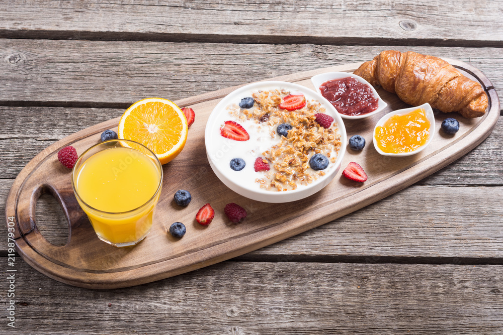 Breakfast on rustic table Breakfast on rustic table