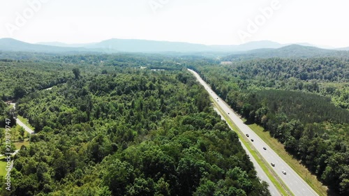 Wide aerial, rural highway in Asheville