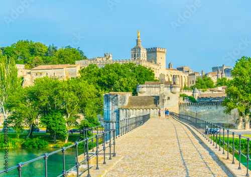 Vászonkép Palais des Papes and Cathedral of Our Lady viewed from the Pont d'Avignon over r