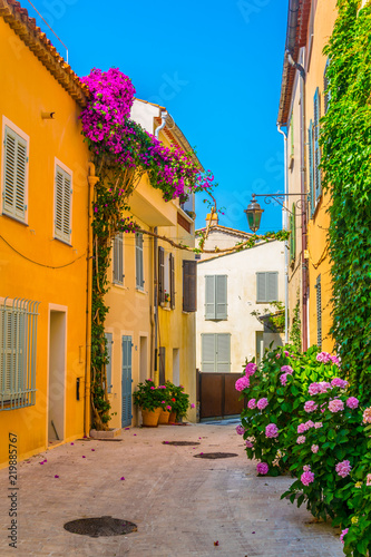 View of a narrow street in the center of Saint Tropez, France photo