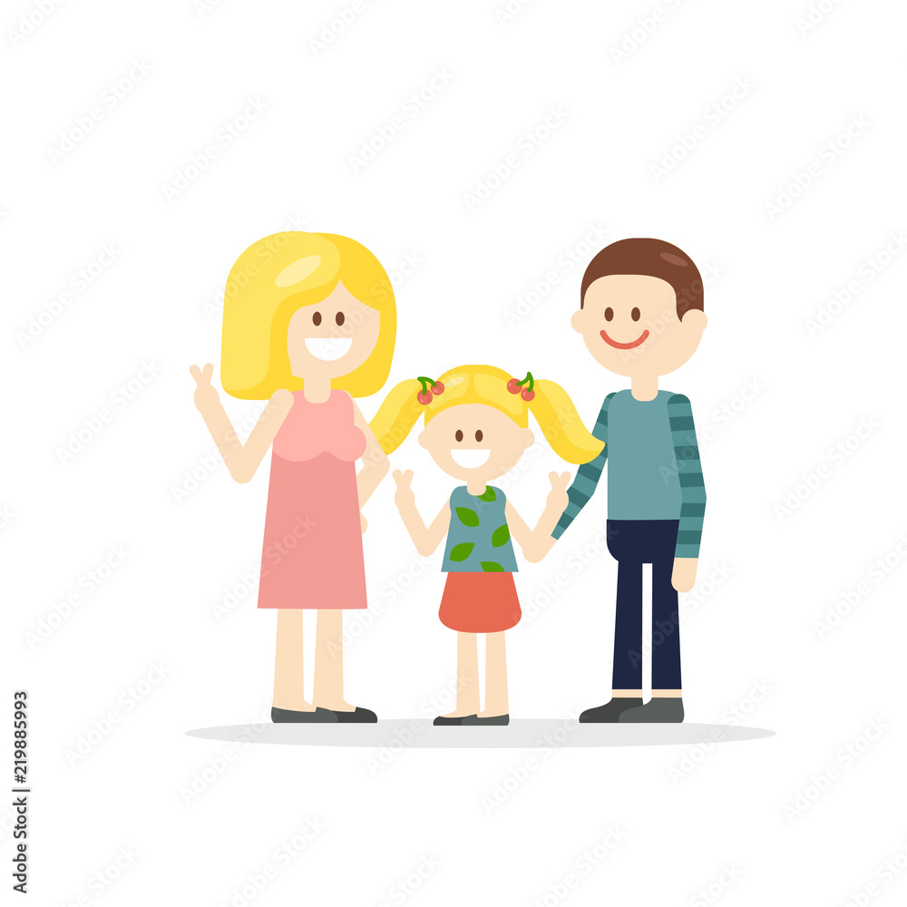 Cartoon cheerful family of young parents with little girl showing two fingers isolated on white background