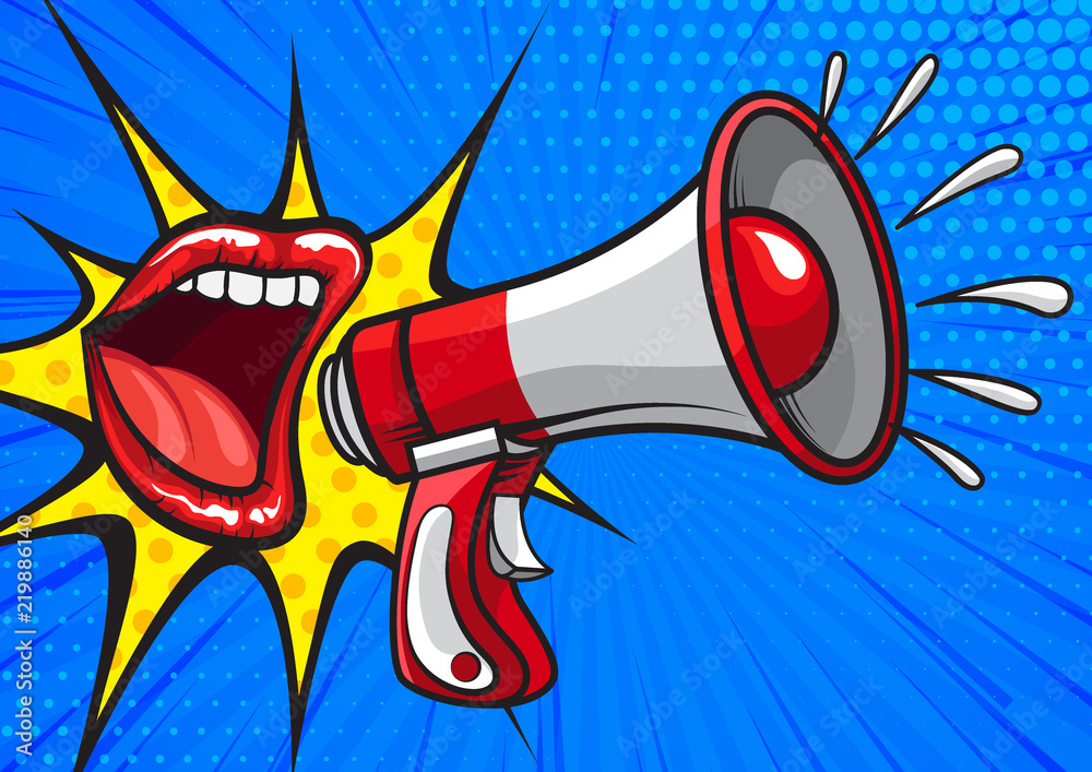 Bright pop art design of red lips yelling in megaphone on blue