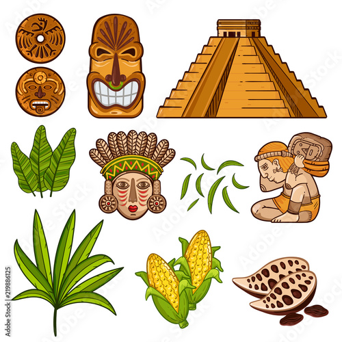 Vector colorful set of Maya civilization objects with masks and temple and agricultural products isolated on white background