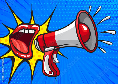 Bright pop art design of red lips yelling in megaphone on blue background telling news