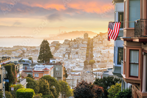 Famous Lombard Street in San Francisco at sunrise photo