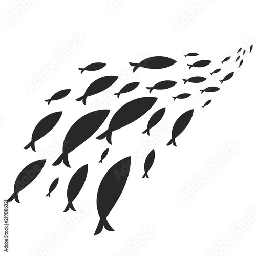 Minimalist design of fish shoal swimming perspectively isolated on white background