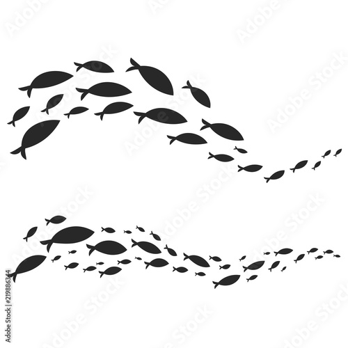 Photography Vector element of black silhouette of fish in shoals swimming in wave line isola