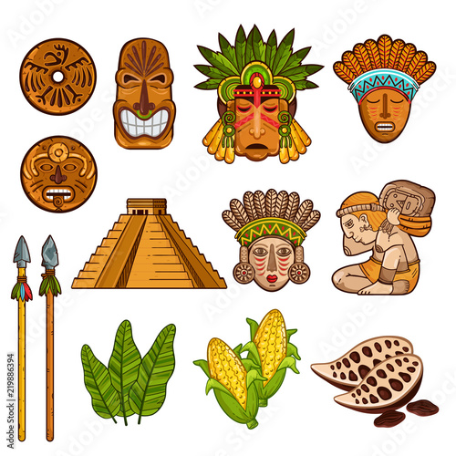 Collection of ancient Maya cultural masks and temples with agricultural elements isolated on white background