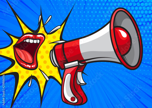 Pop art design of banner with red lips and colorful megaphones sharing with news on blue background